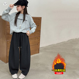 女童加绒弯刀裤2025年秋冬新款休闲纯色阔腿长裤中大童香蕉裤卫裤，童装裤子，祺儿童装