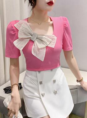 欧洲站女装新款短袖T恤时尚蝴蝶结洋气修身减龄气质打底上衣小衫