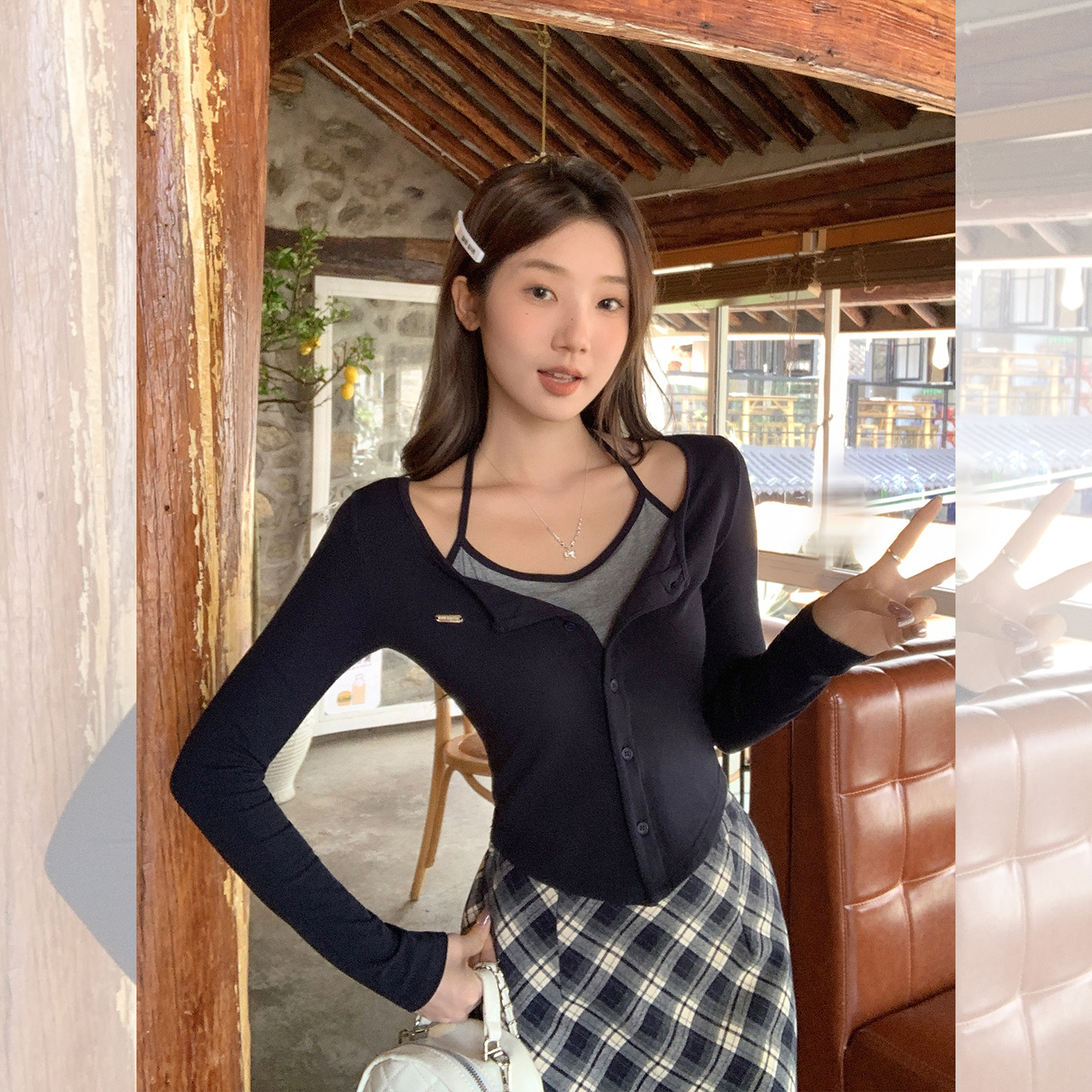 2025新款假两件挂脖绑带设计感纯欲排扣长袖T恤女初秋修身上衣