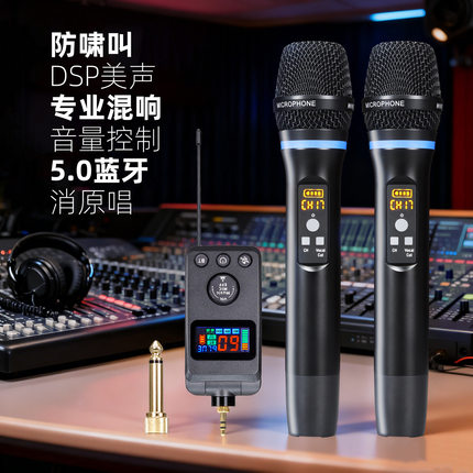 DSP防啸叫万能无线麦克风蓝牙舞台ktv演出专用家庭k歌一拖二话筒