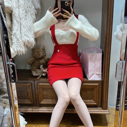 mlinstudio/ 圣诞裙 红色毛呢背带半身裙花苞裙包臀裙