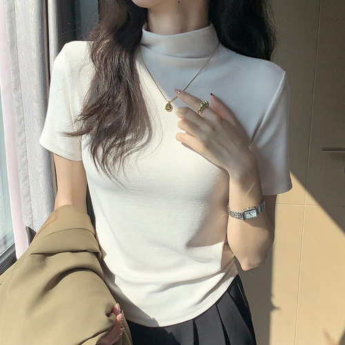 H338纯欲风半领短袖T恤女夏季修身打底衫内搭外穿上衣ins潮