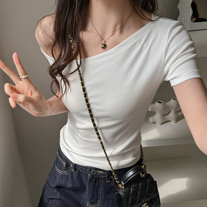 夏季莫尔一字领露肩设计感短袖t恤女装韩系级感性感休闲上衣