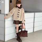 女童夹棉皮草外套2025年秋冬新款中大童韩范蝴蝶结毛毛衣短款开衫，童装外套，祺儿童装