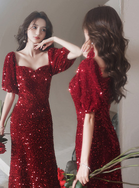 敬酒服新娘级感2026新款女秋季酒红色订婚礼服鱼尾亮片连衣裙女