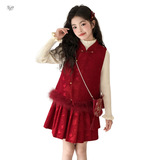 女童风新年服套装2025冬季新款中大童蝴蝶马甲百褶裙四件套唐装，童装休闲套装，祺儿童装