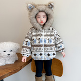 女童费尔岛冬装外套2025新款儿童洋气冬季加绒加厚保暖连帽毛毛衣，童装外套，祺妙童装