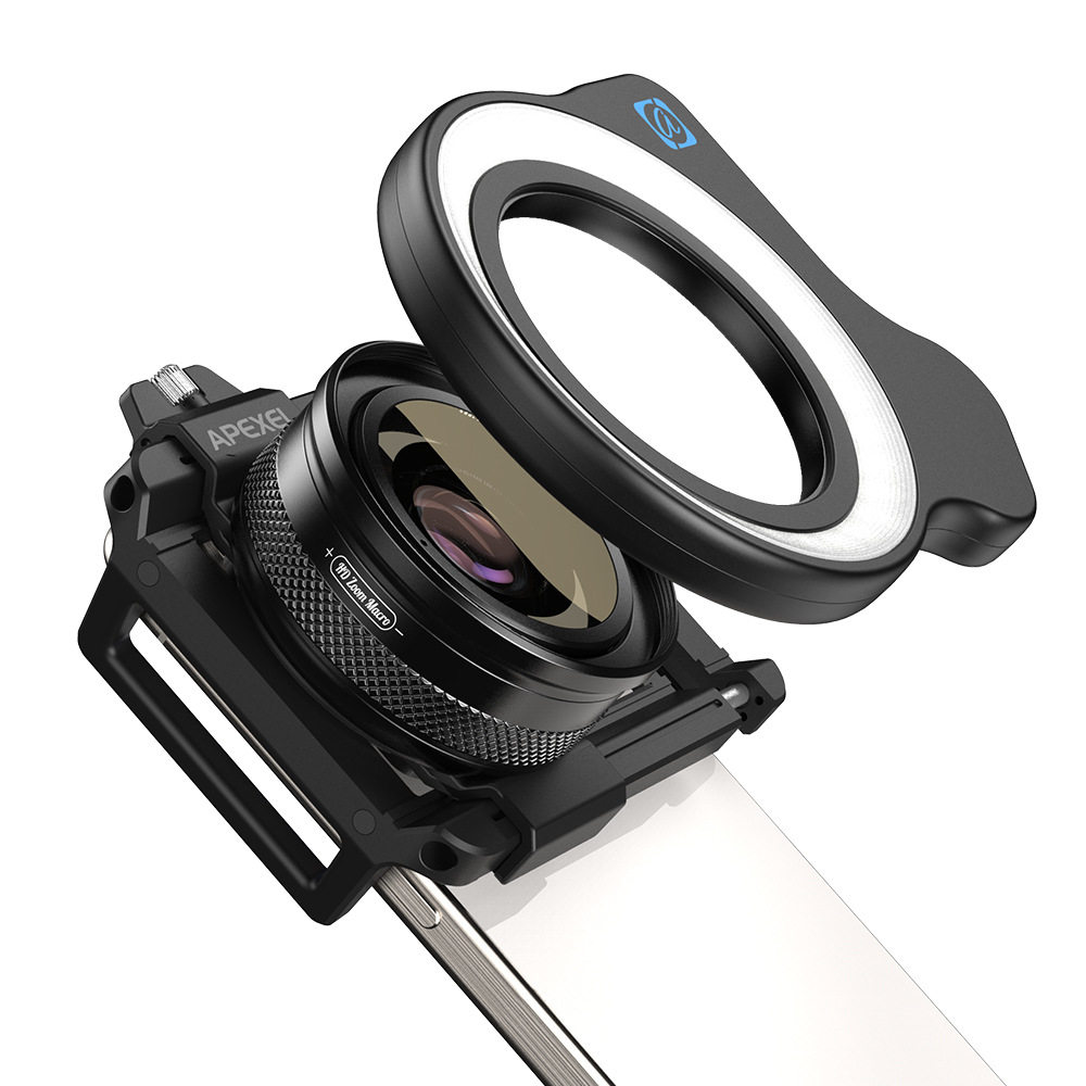 APEXEL外置ZM100配FL26补光灯放大变焦微距摄影昆虫花卉手机镜头