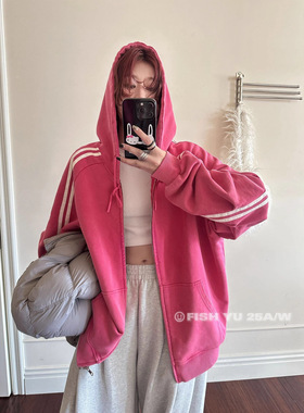 FISHYU秋冬新款美式街头风复古做旧水洗炒色杠条加厚连帽卫衣外套