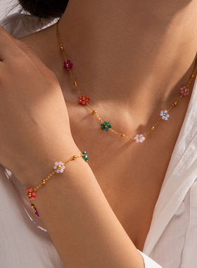 欧美风ins轻奢小众精致设计女18k不锈钢手链手工彩色小花链条女款