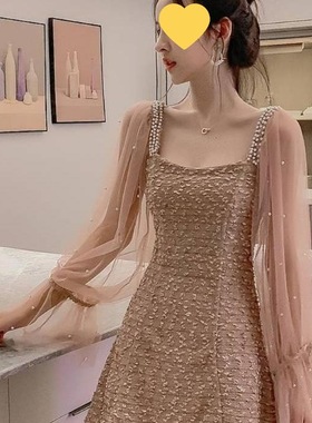 2025秋款女小香风气质中长款网纱拼接长袖收腰显瘦连衣裙秋季黑色