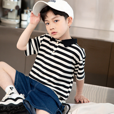 夏季新款男孩翻领条纹上衣T恤