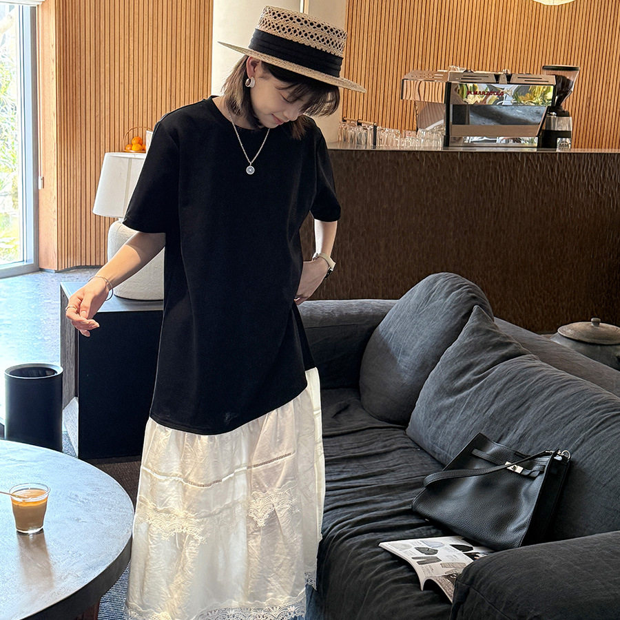 春夏新款韩系蕾丝拼接短袖T恤连衣裙女2026时尚洋气大版裙子