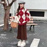 女童2025年秋冬新款菱形方格蝴蝶结毛衣女大童加绒加厚保暖毛毛衣，童装毛衣，祺儿童装