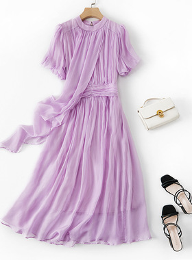 闲云清烟 气质飘带桑蚕丝连衣裙86005