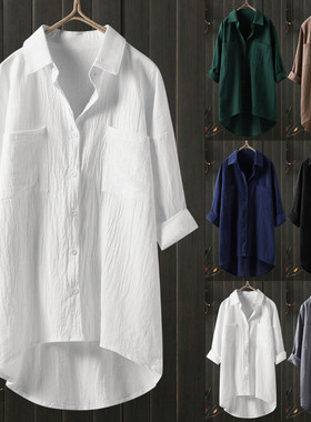 Plus Size summer Linen Long Blouse Tops Shirt Shirts Women