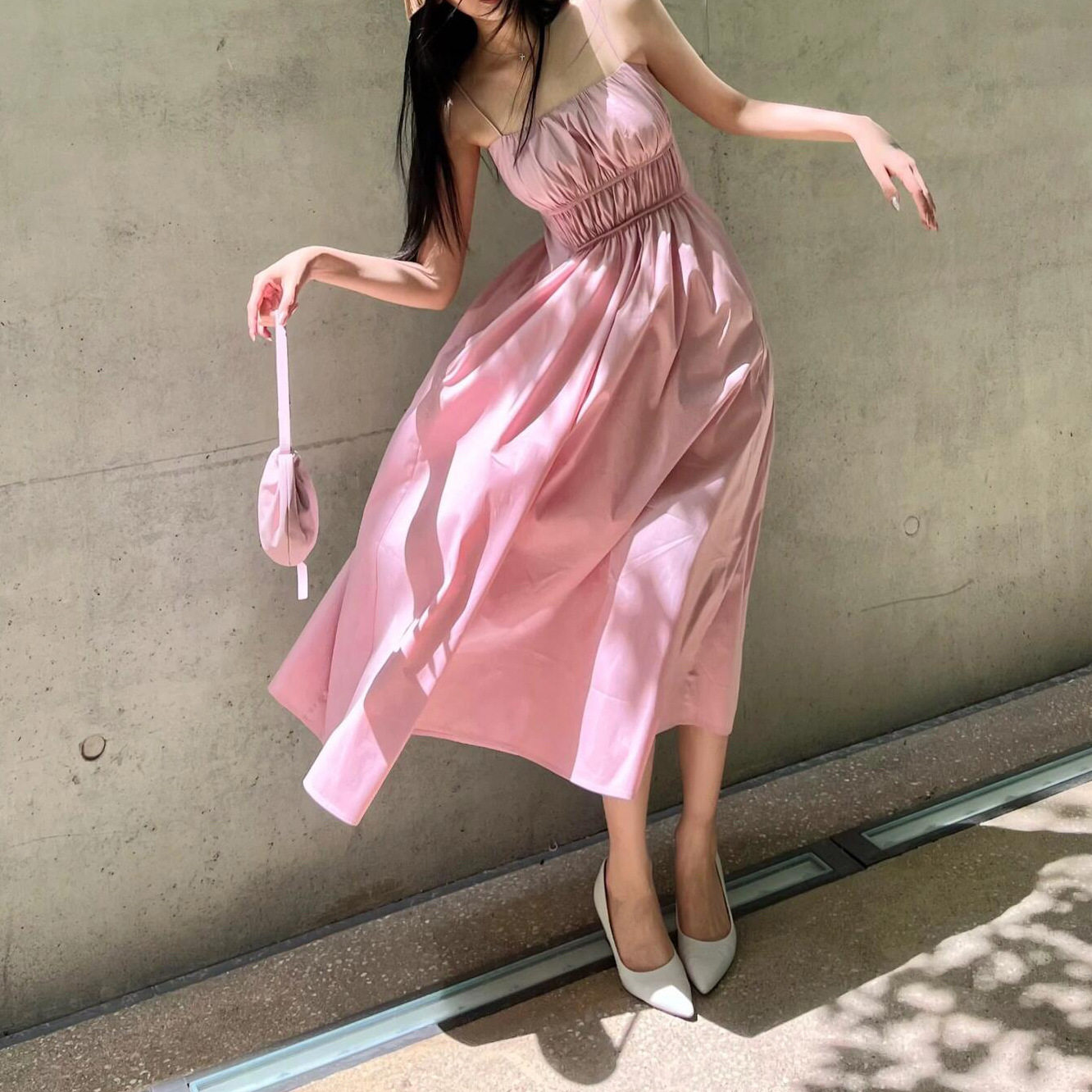 C家2026夏新款裹胸吊带连衣裙棉质混纺中长款女裙吊带裙