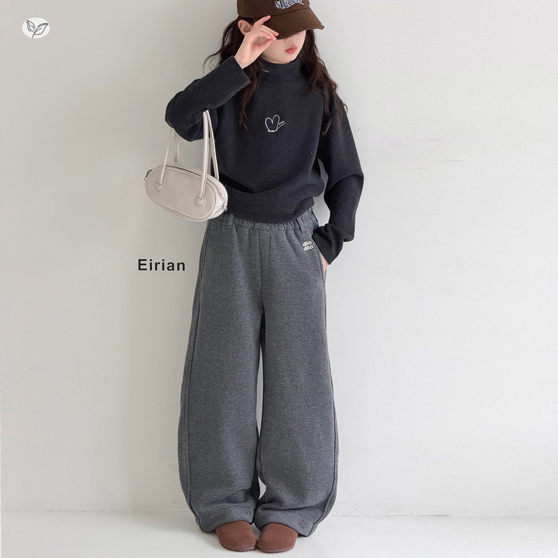 女童加绒呢子阔腿裤2025年秋冬新款中大童刺绣直筒裤休闲外出长裤，童装裤子，祺儿童装