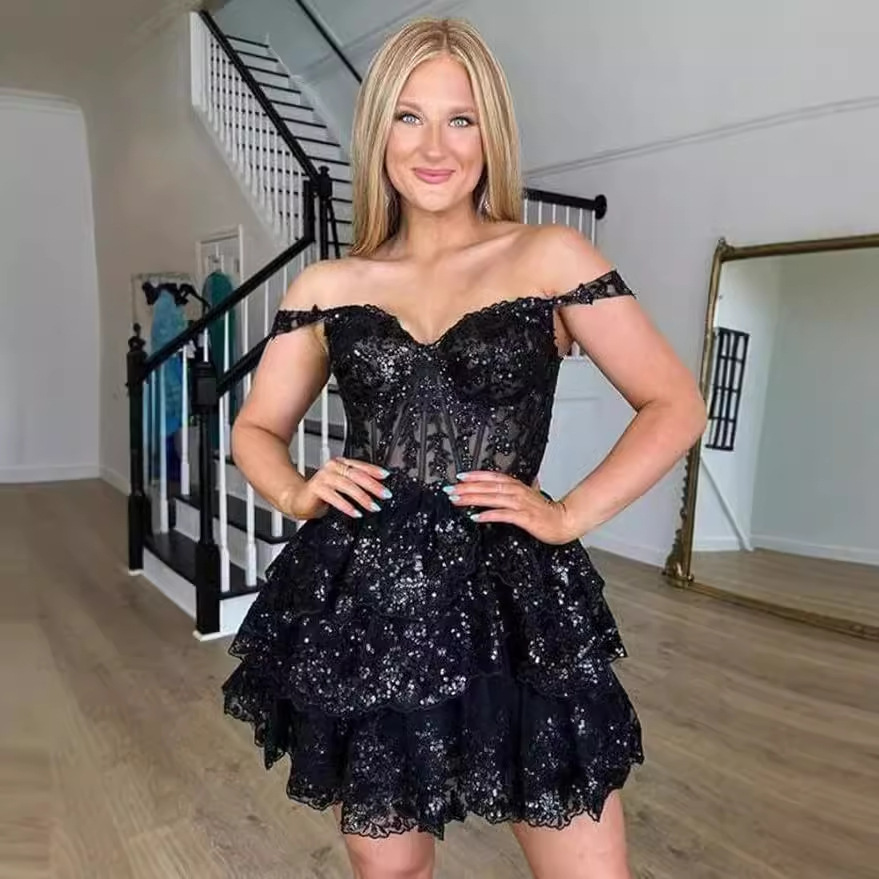 欧美蕾丝鸡尾酒闪亮亮片同学会礼服青少年露肩短款舞会礼服春夏新