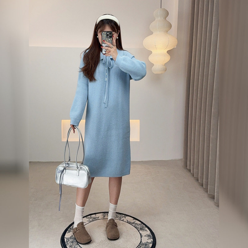 2025年冬季韩版气质针织上衣胖妹妹时尚大码女装POLO领系带毛衣裙