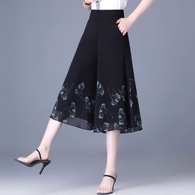 七分裤女夏季薄款2025新款小个子腰显瘦花裤子垂感雪纺阔腿裙裤