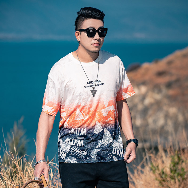 胖胖潮牌大码装2025夏季百搭宽松美式休闲渐变圆领冰丝短袖T恤衫