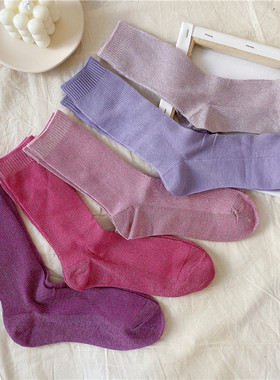 时髦彩色亮丝堆堆袜女紫色粉色韩国ins潮日系韩版银葱珠光中筒袜