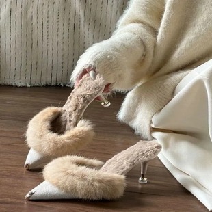 毛毛高跟拖鞋女冬外穿加绒2025新款尖头半拖网红冬天拖鞋ins高跟