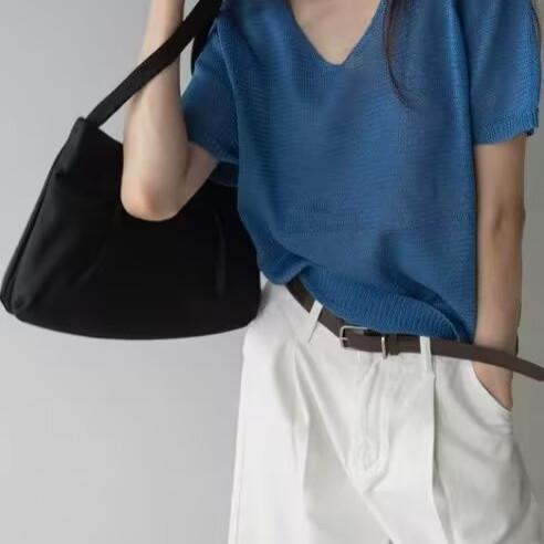 纯色V领短袖针织衫女夏季新款宽松显瘦百搭休闲薄款毛衣特0.22