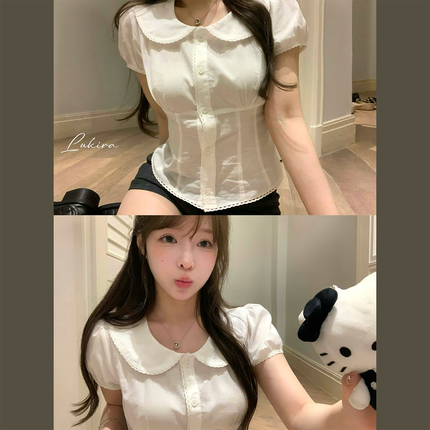 Lukira 薇薇安少女 法式甜美白色娃娃领衬衫短袖女泡泡袖纯棉上衣