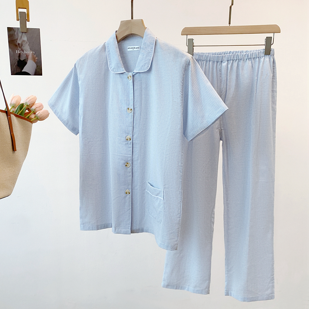 日本外贸原单品质睡衣女纯棉线短袖春秋夏薄款格子家居服睡衣套装