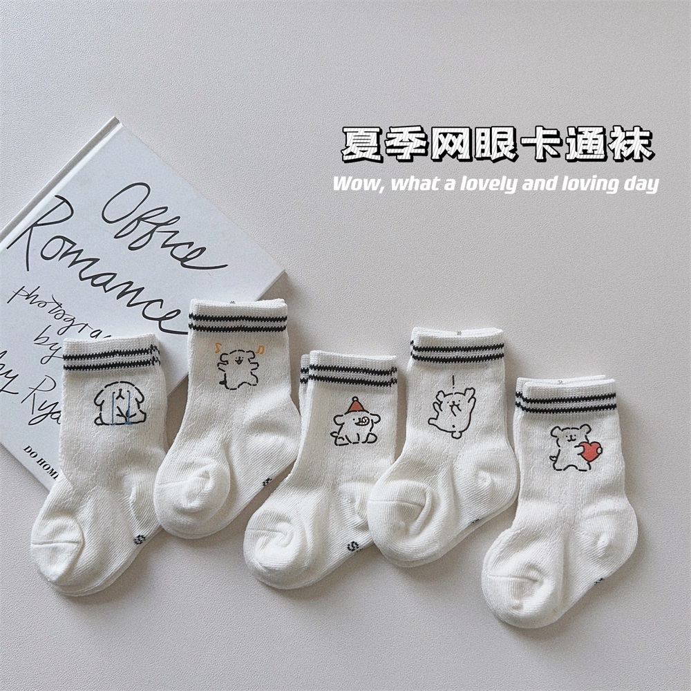 宝宝袜子春夏薄款中筒袜白色双杠幼儿园学生袜夏季网眼婴儿卡通袜