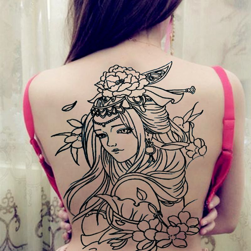 满背纹身贴防水持久男女笛子彩色艺妓艺伎花朵后背背部大图案贴纸