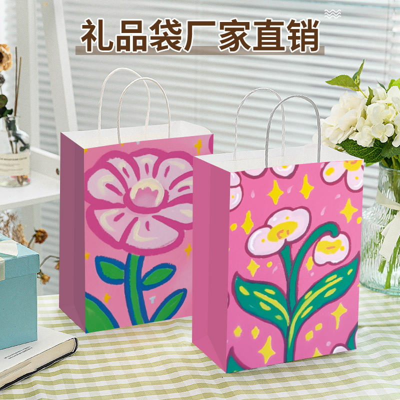 简约少女环保袋简笔画生日礼品购物袋牛皮纸零食手提袋小号透明