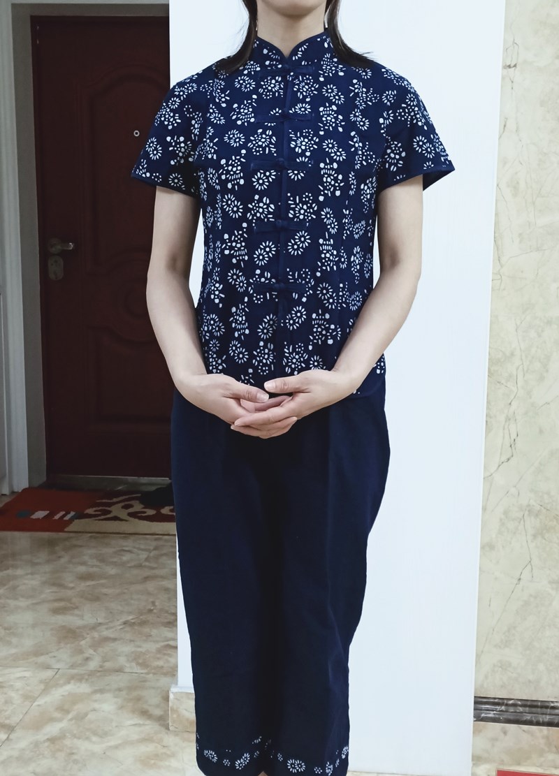 民族风女装纯棉蓝花布女式对襟短袖中式上衣唐装农家乐酒店工作服