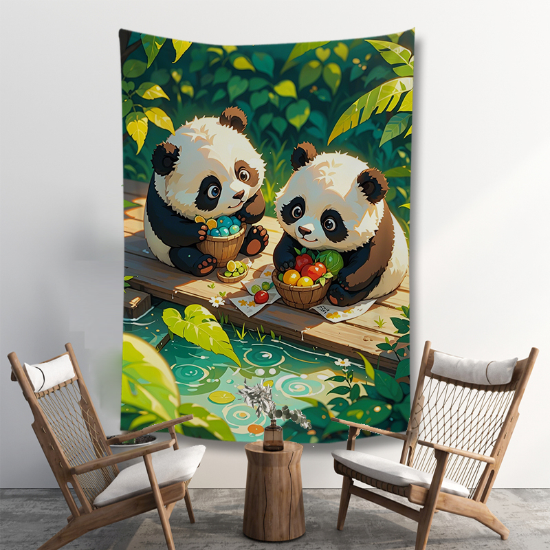 竖版熊猫插画背景布ins挂布房间床头墙壁遮丑布客厅装饰画布简约