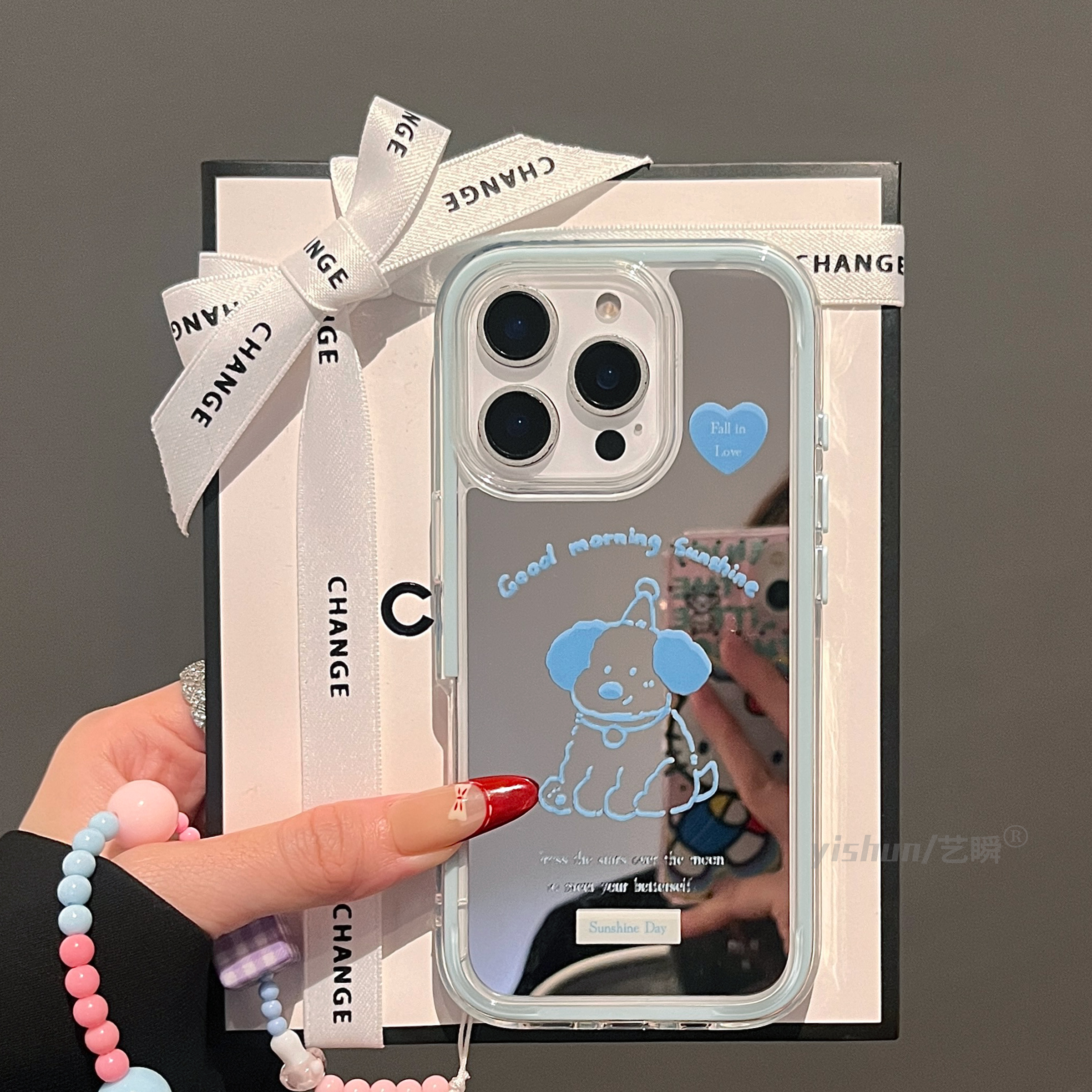 原创蓝色简笔画爱心小狗适用苹果手机壳镜子16ProMax镜面新款iPhone15pm小众ip14好看可爱女13全包防摔保护套