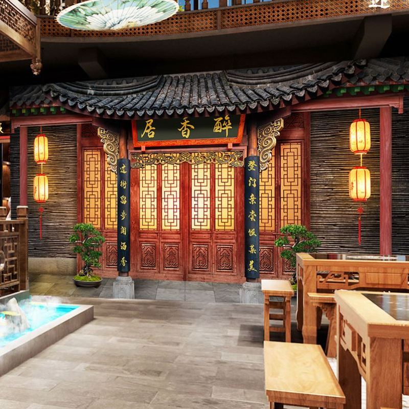 中式古代建筑背景墙纸江湖客栈徽派庭院屋檐特产店古风剧本杀壁纸