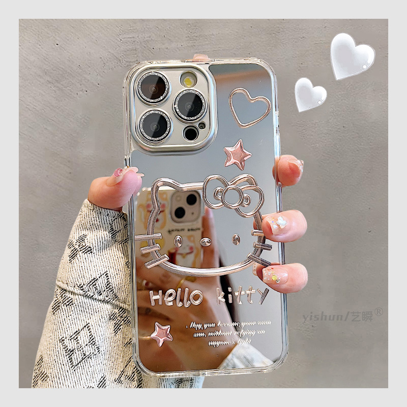 适用苹果16ProMax手机壳iPhone14镜面卡通可爱KT猫咪头像12日韩女款15自带镜头膜13pro补妆镜子max新款硅胶套