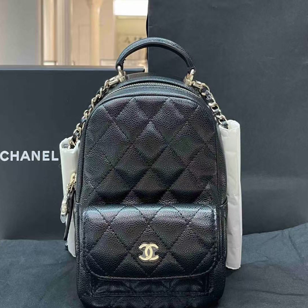 Chenal香奈儿24A链条双肩背包小书包mini迷你黑金牛皮二手奢侈品