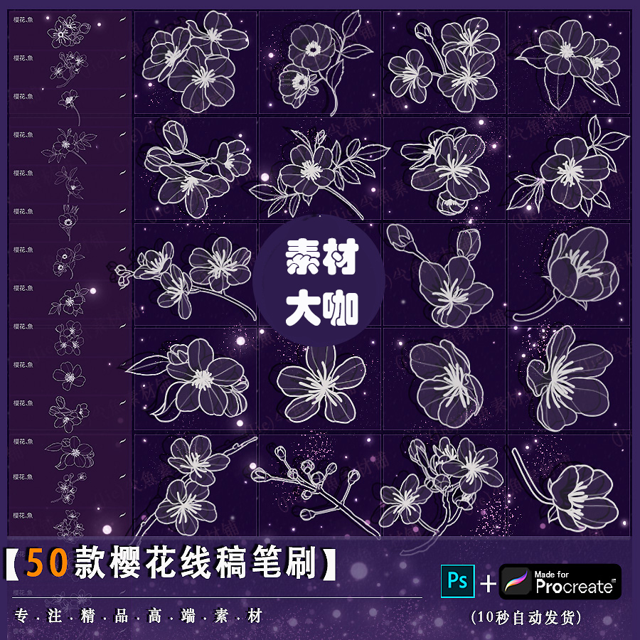 procreate笔刷 ps笔刷手绘樱花桃花刺青线稿图案插画练习素材