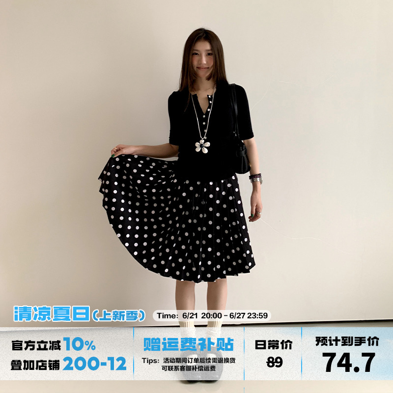 橘子树在哪儿复古波点百褶半身裙女夏季高腰宽松显瘦百搭蓬蓬中裙