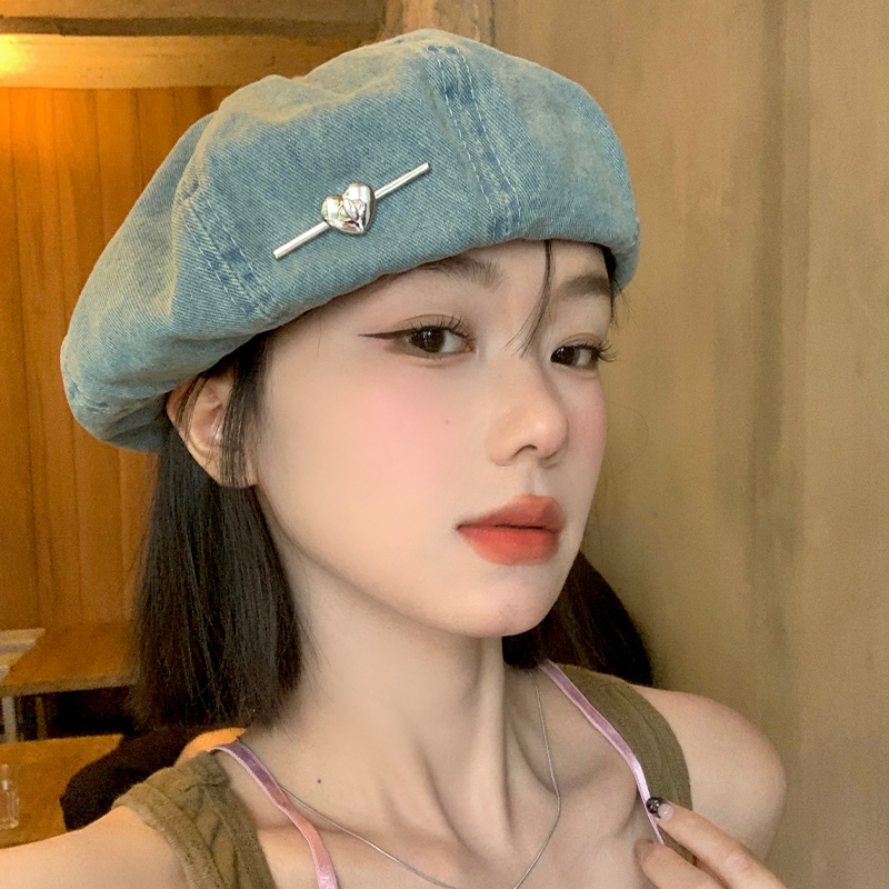 爱心蓝色水洗牛仔贝雷帽女夏薄款透气八角画家帽大头围显脸小帽子