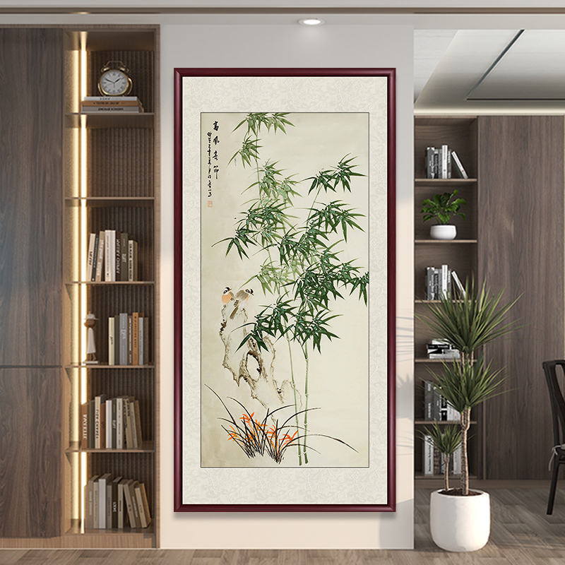 竹报平安玄关装饰画竹子挂画新中式竖版入户走廊尽头壁画水墨国画