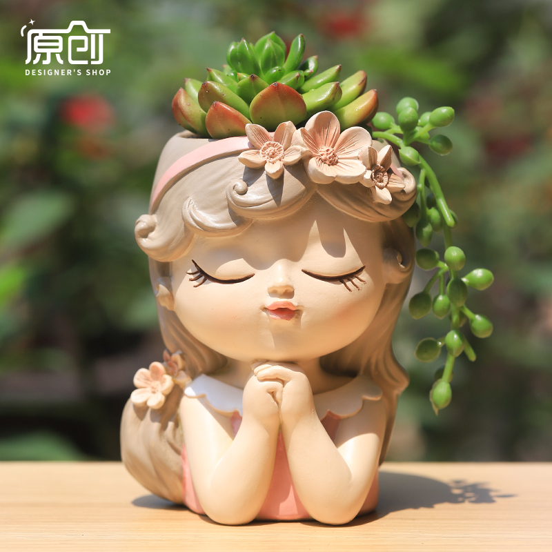 多肉花盆小号可爱卡通小女孩美女头像个性创意造型精致家用小花盆