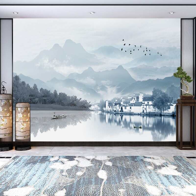 新中式抽象意境墙布水墨山水客厅沙发壁纸电视背景墙书房卧室壁画