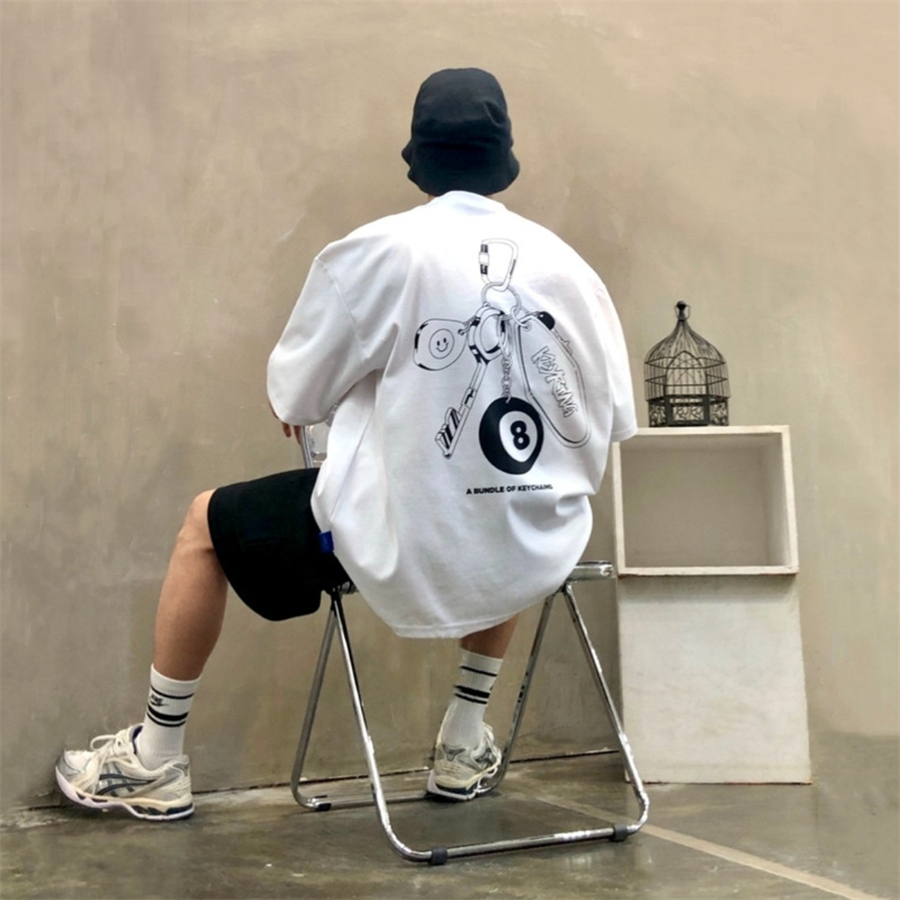 MRDONG韩国男装代购街头简约潮流简笔画钥匙扣印花阔版BOX短袖T恤