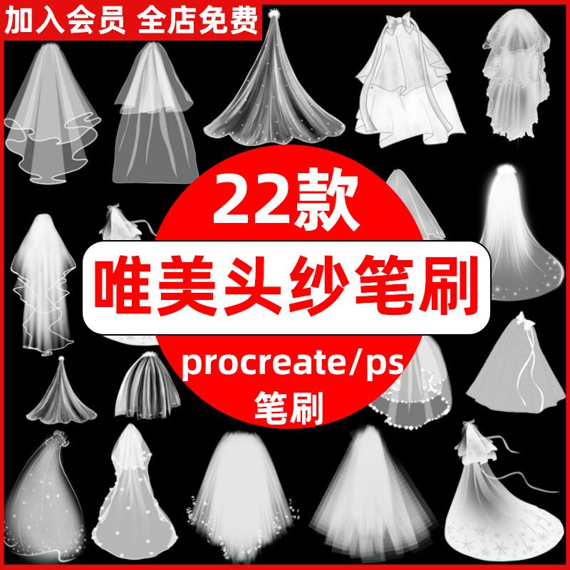 唯美浪漫婚纱头纱飘沙新娘婚礼头饰装饰素材procreate笔刷ps笔刷