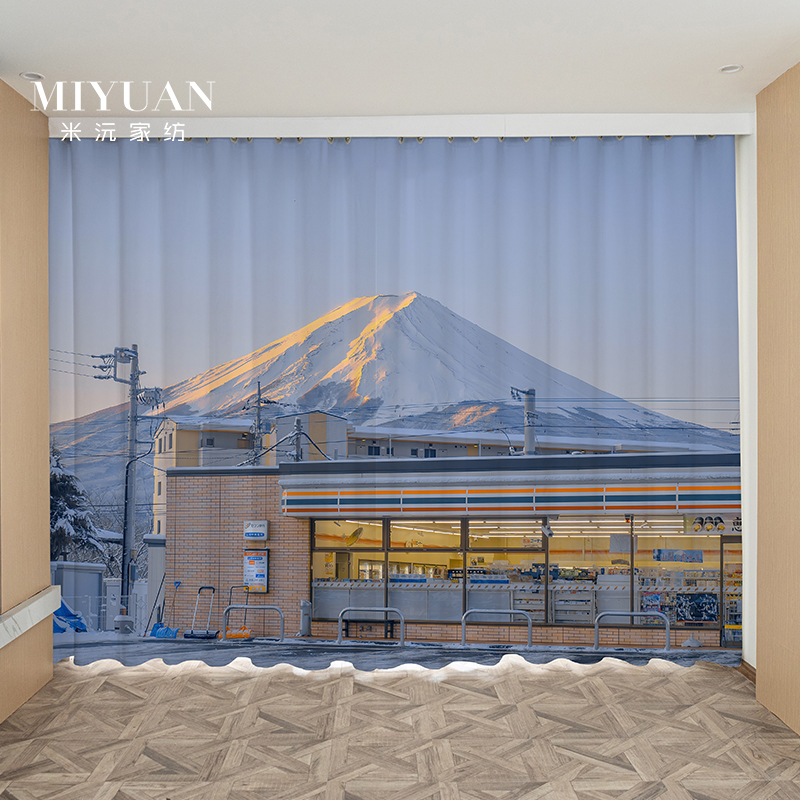新款北欧小镇富士山瑞士雪山风景油画卧室飘窗客厅隔断背景装饰帘