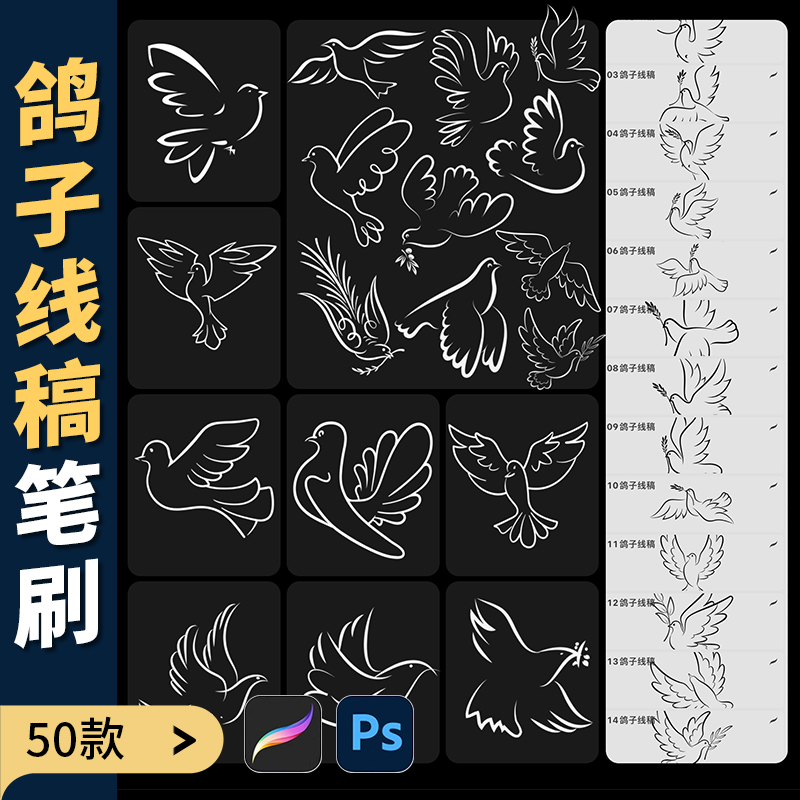 ps画笔procreate笔刷鸽子白鸽简笔画线描图案手绘小鸟飞翔斑鸠